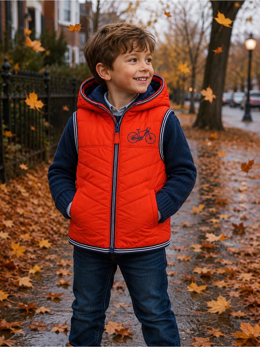TOPOLINO Red & Navy Blue Bicycle Quilted Puffed Hooded Winter Vest 116 6
